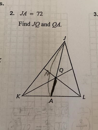 Point Q is the centroid of triangle JKL. Use the given information to find segment-example-2