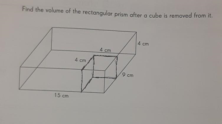 Please someone help!! Find the volume of the rectangular prism after a cube is removed-example-1