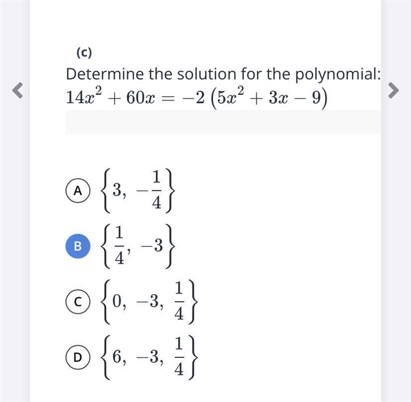 Determine the solution for the polynomial: 14x^2 + 60x = -2(5x^2 + 3x - 9)-example-1