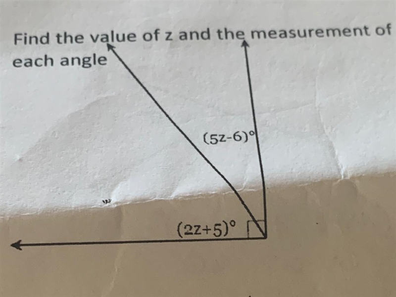 Find the value of z and the measurement of each angle (5z-6)(2z+5)-example-1