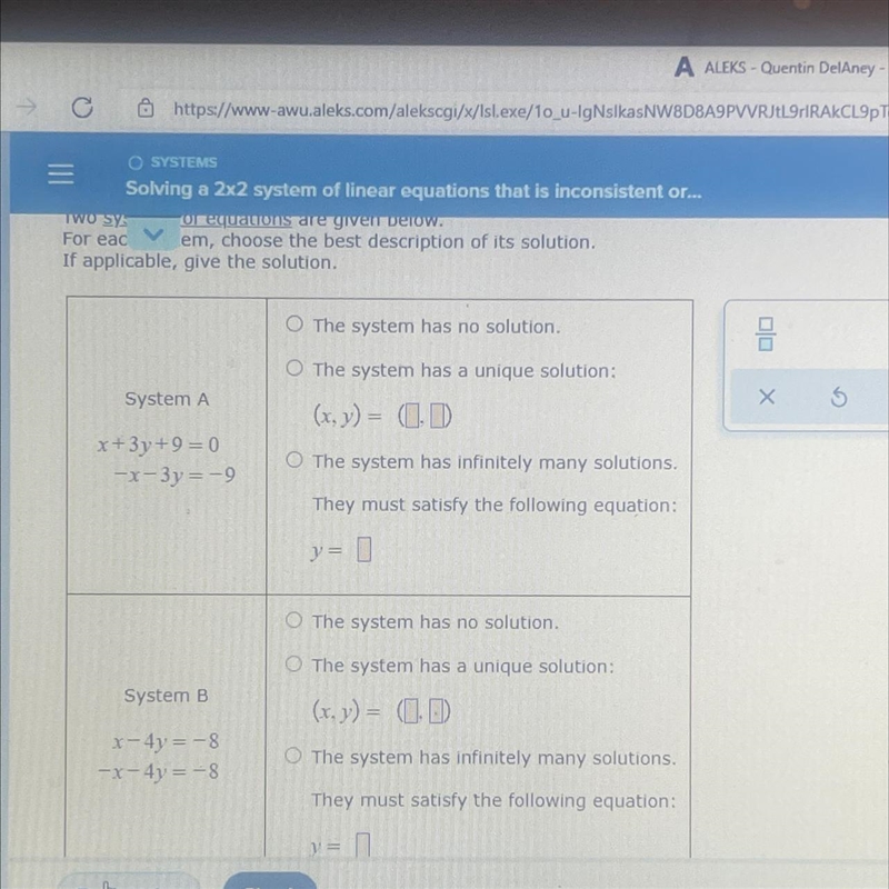 For each system, choose the best description of its solution.If applicable, give the-example-1