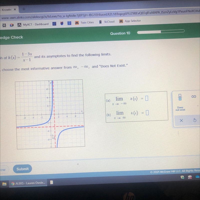 Use the graph of h(x)=1-3x/x-1and its asymptotes to find the following limits.If necessary-example-1