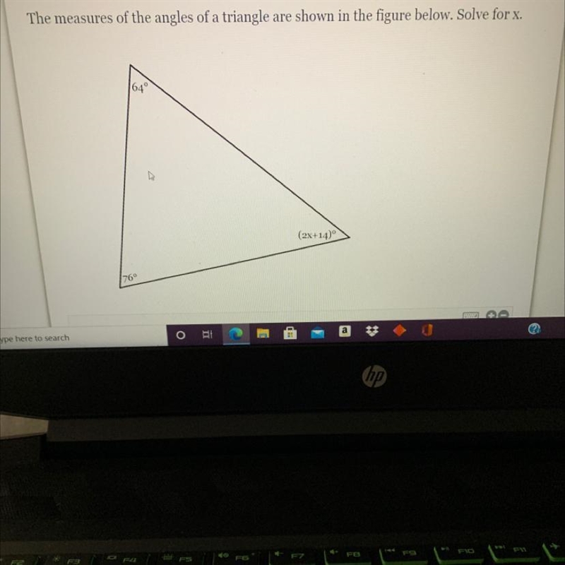 The measures of the angles of a triangle are shown in the figure below. Solve for-example-1