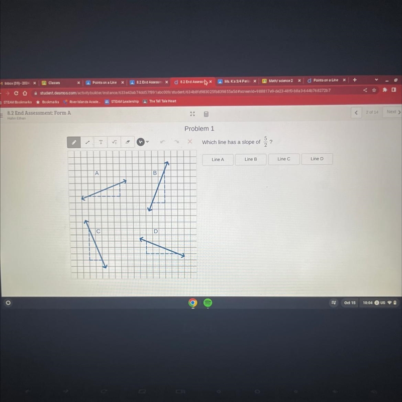 Which line has a slope of 5/2? LINE A Line B Line C or line D-example-1