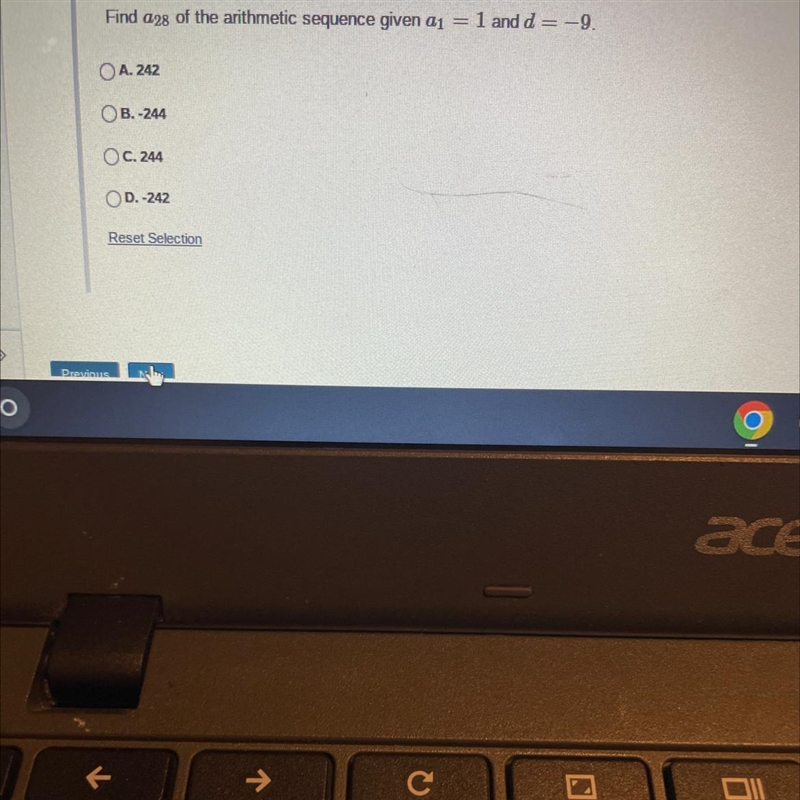 Find a28 of the arithmetic sequence given aOA. 242OB.-244OC. 244D.-242Reset Selection-example-1