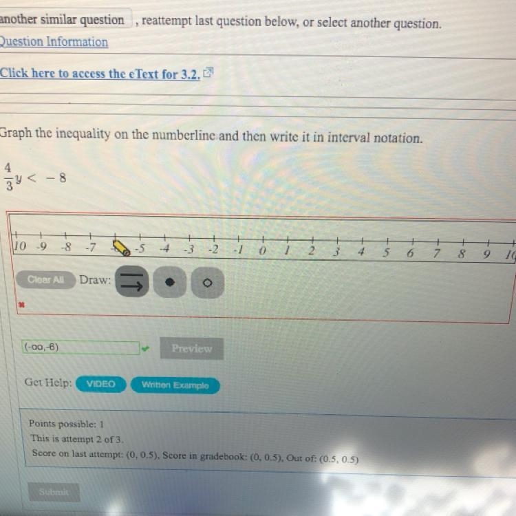 Graph the inequality on the numberline and then write it in interval notation. 4-3y-example-1