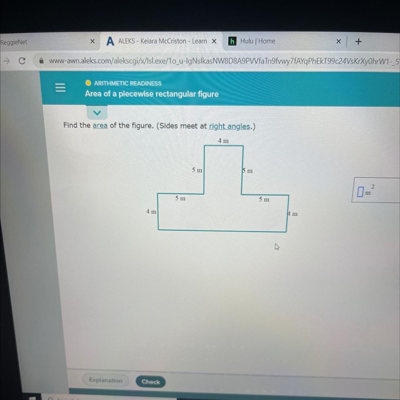 Find the area of the figure. (Sides meet at right angles.)4 m5 m15 m5 m5 m4 m4 m-example-1