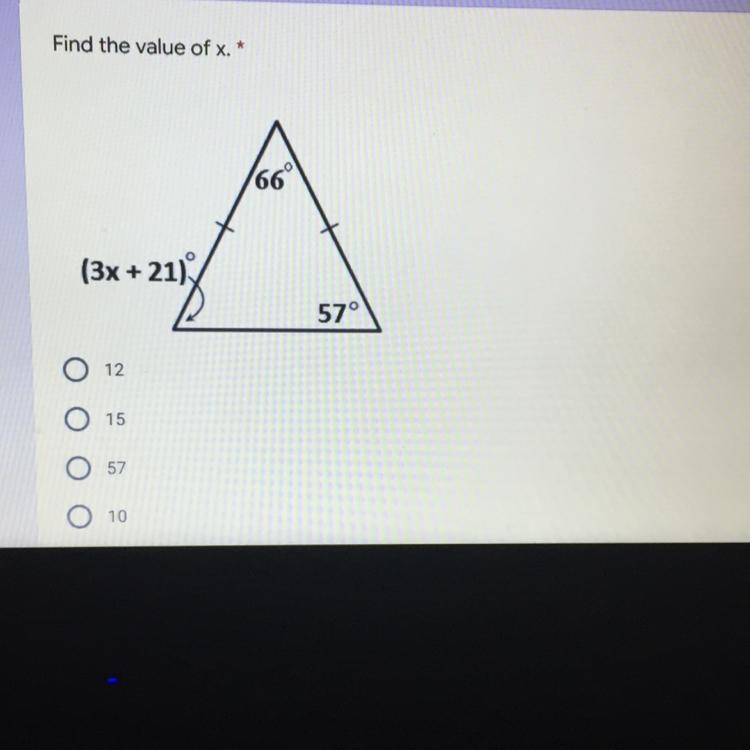 Find the value of x. *1 point66(3x + 21)5715Ο ΟΟ Ο10-example-1