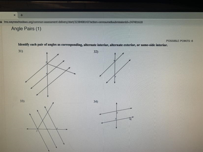 Identify each pair of angles as corresponding, alternate interior, alternate exterior-example-1