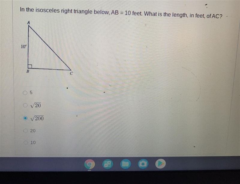 In the isosceles right triangle below, AB = 10 feet. What is the length, in feet, of-example-1