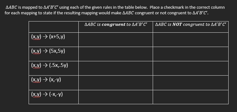 ∆ABC is mapped to ∆A'B'C' using each of the given rules in the table below. Place-example-1