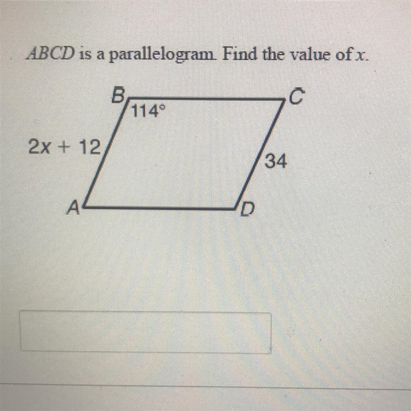 ABCD is a parallelogram Find the value of x.B В114°С2x + 1234АD-example-1