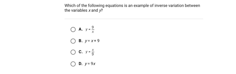 Which of the following equations is an example of inverse variation between the variables-example-1