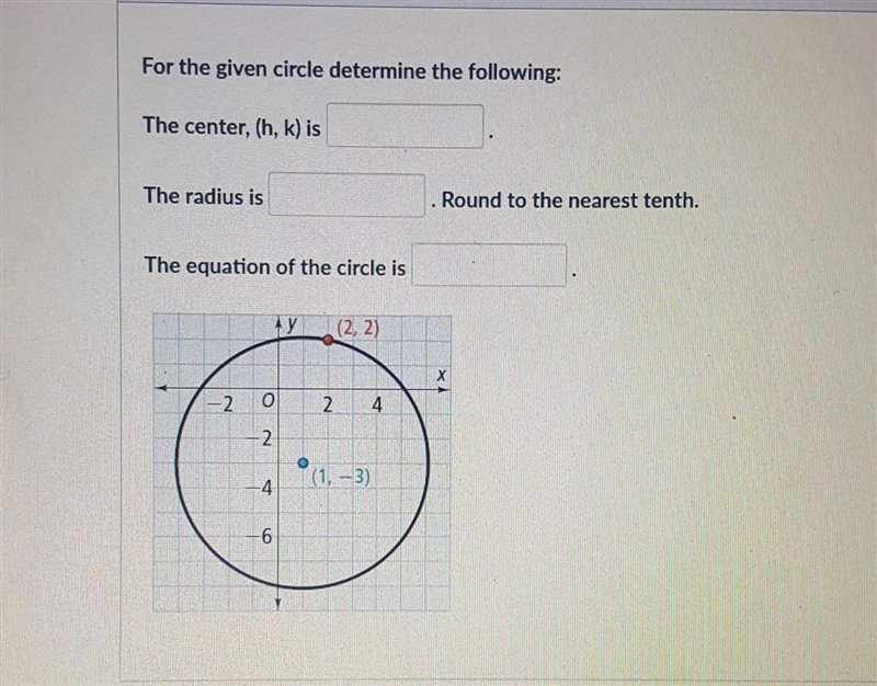 for the given circle determine the following:the center, (h,k) is_______.the radius-example-1