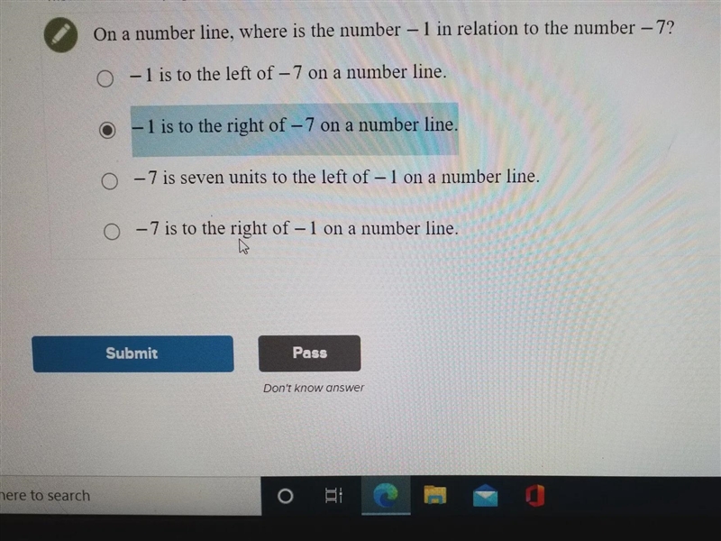 On a number line, where is -1 in relation to the -7?-example-1