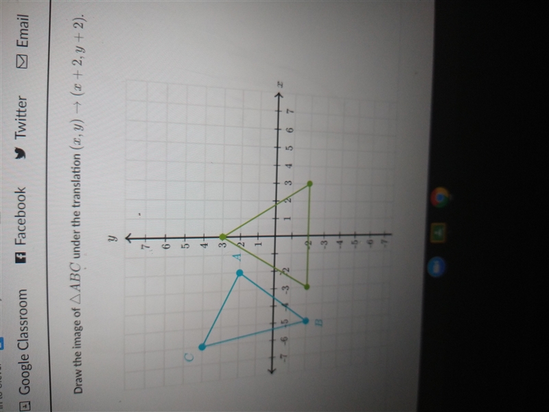 Draw the image of ABC under the translation (x, y) + (x + 2, Y + 2). y 6+ 5- 3 2 1+ -7 -6 5 4 3 2 2 3 5 6 7 -2 B-example-1