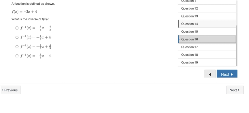 A function is defined as shown.f(x)=−3x+4What is the inverse of f(x)?-example-1