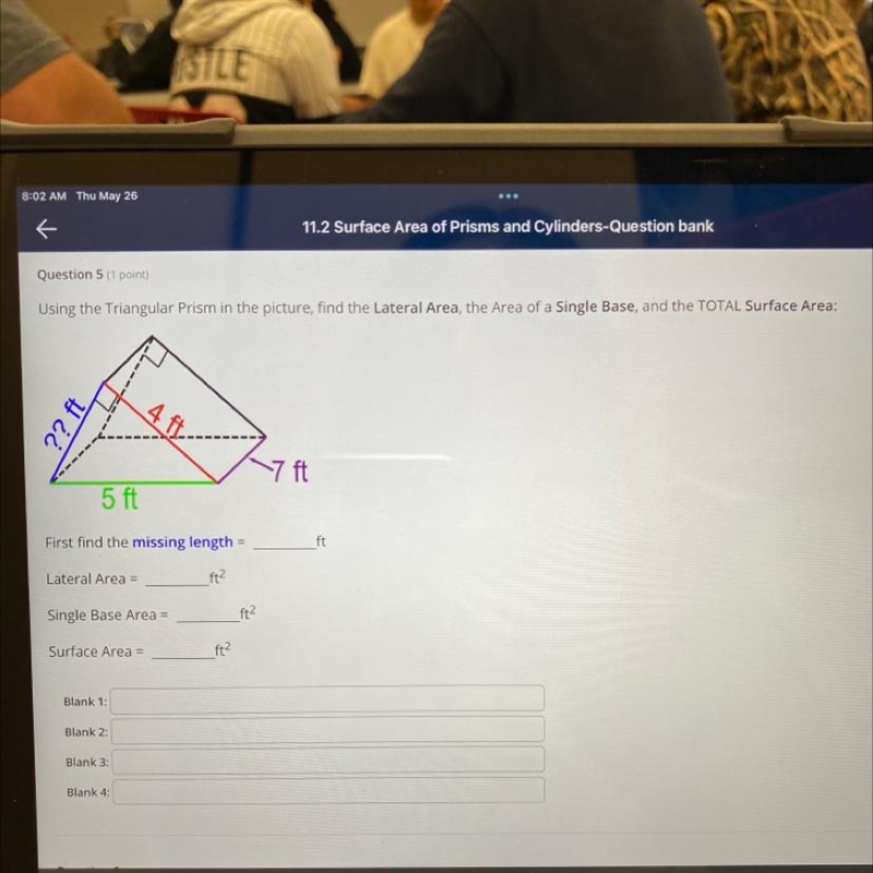 Using the Triangular Prism in the picture, find the Lateral Area, the Area of a Single-example-1