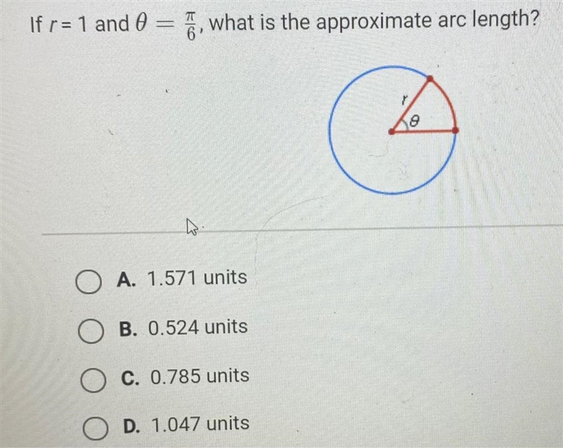 If r = 1 and 0 = pi/6, what is the approximate arc length?-example-1