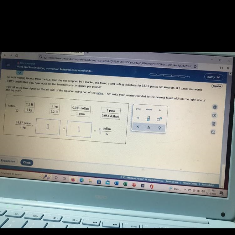 First, fill in the two blanks on the left side of the equation using two of the ratios-example-1