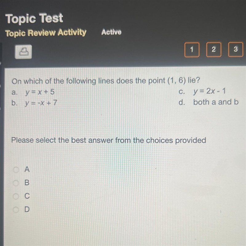 On which of the following lines does the point (1,6) lie-example-1