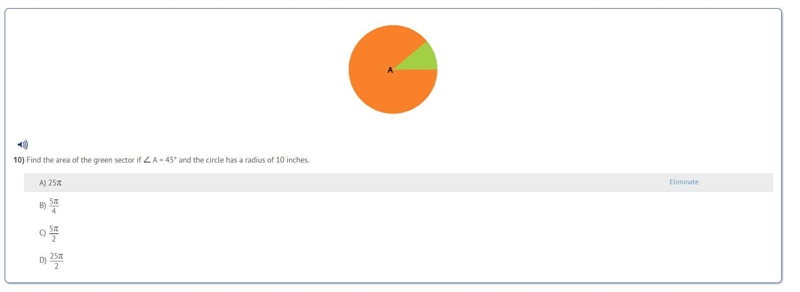 Find the area of the green sector is angle A = 45 degrees and the circle has a radius-example-1