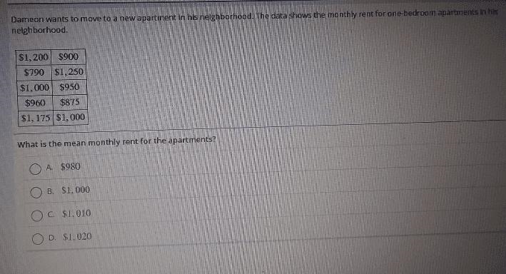 100% Dameon wants to move to a new apartment in his neighborhood. The data shows the-example-1