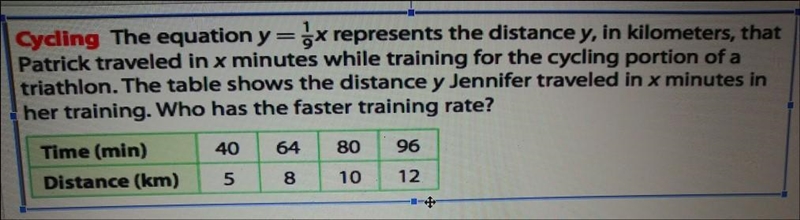 Cycing The equation y= 1/8x represents the distance y, in kilometers, that Patrick-example-1