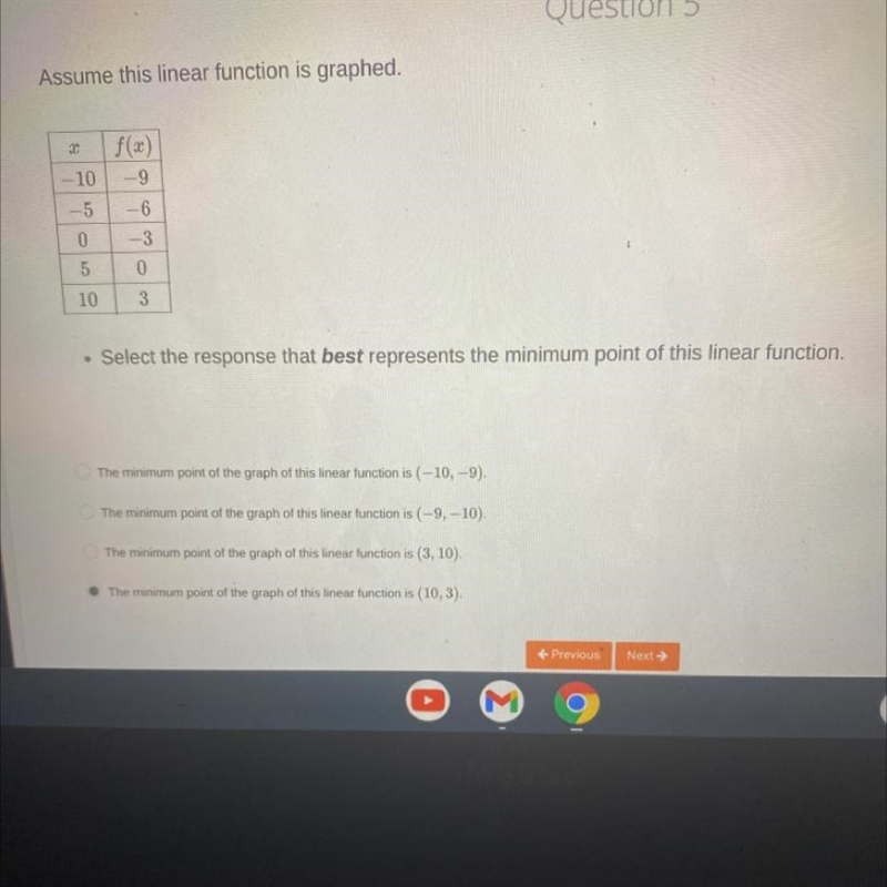 Assume this linear function is graphed. Select the best response-example-1