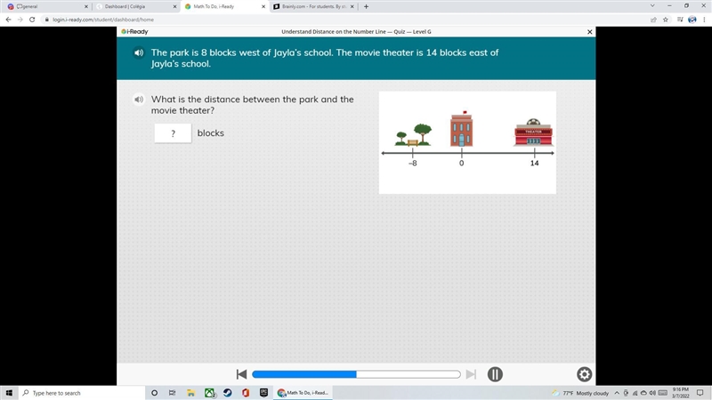 How many blocks? is the distance between the park and the movie theater-example-1