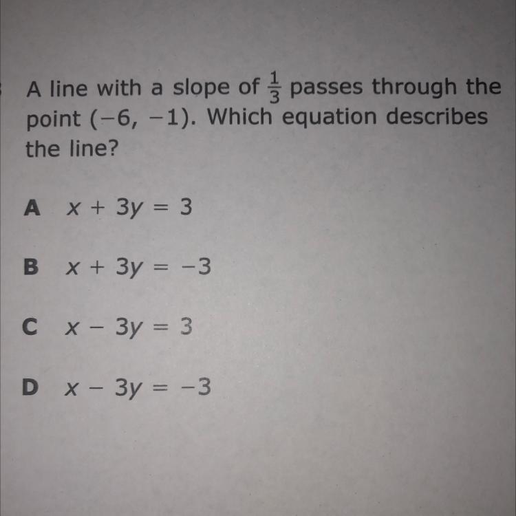 3 A line with a slope of į passes through the point (-6, -1). Which equation describes-example-1