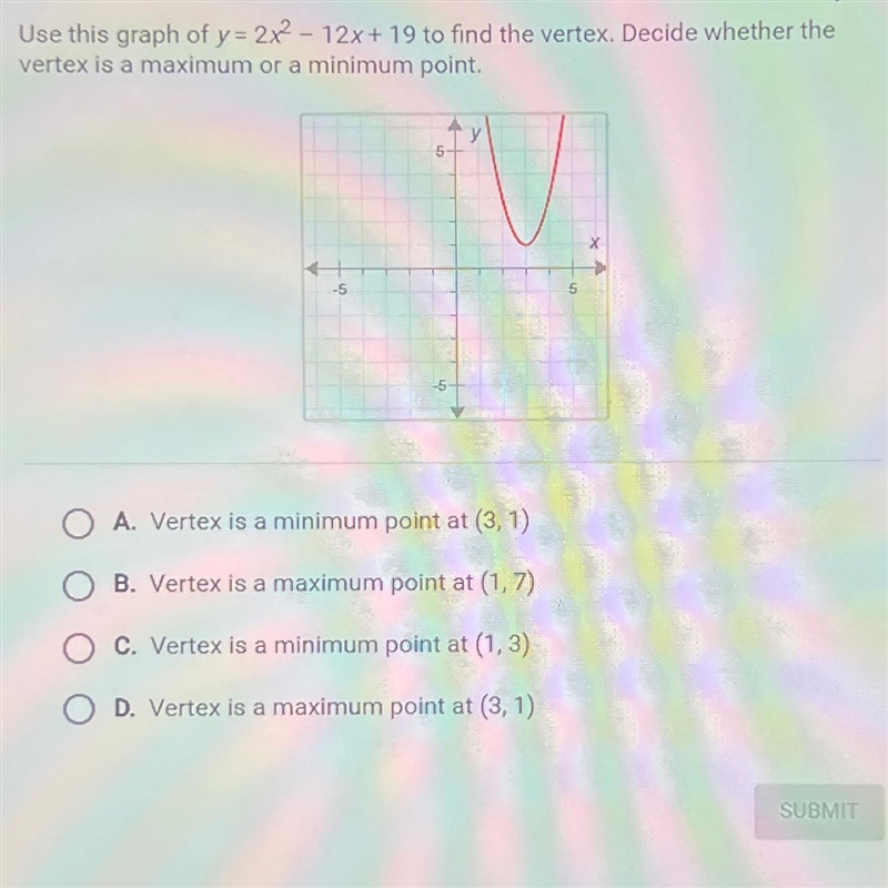 Use this graph of y = 2x2 - 12x + 19 to find the vertex. Decide whether thevertex-example-1