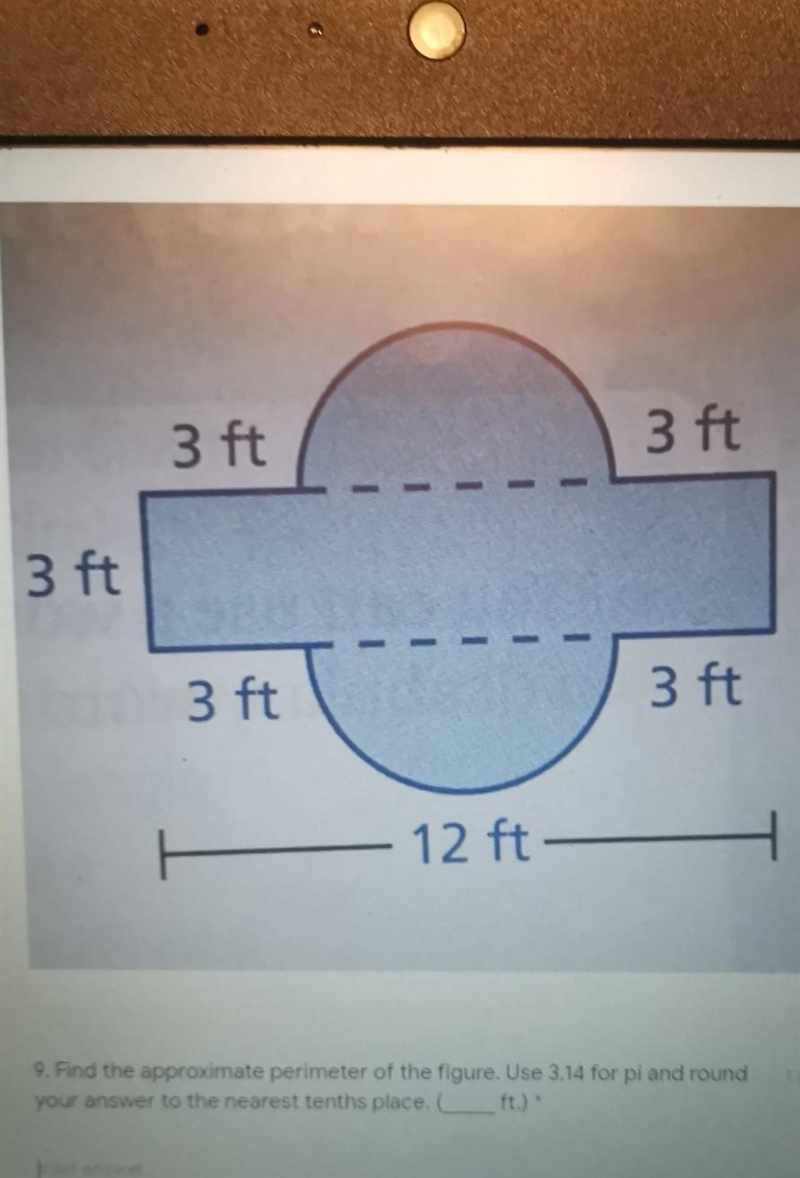 find the approximate perimeter of the figure. use 3.14 for pi and round you answer-example-1