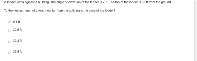 A ladder leans against a building. The angle of elevation of the ladder is 70°. The-example-1