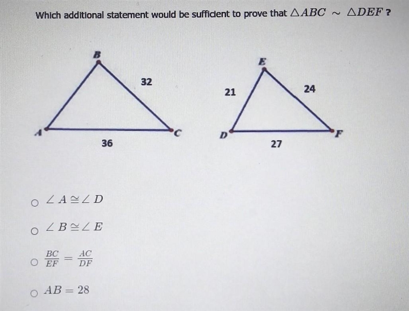 Which additional statement would be profficient to prove that triangle ABC equals-example-1