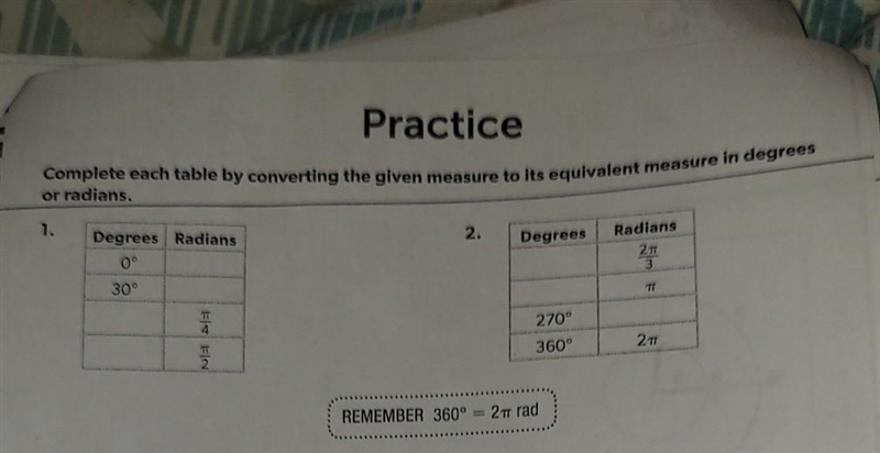 Complete each table converting the given measure to its equivalent measure in degrees-example-1