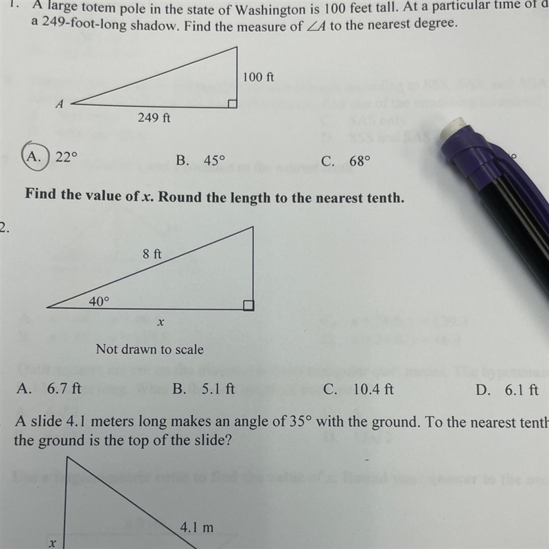 Find the value of x. Round the length to the nearest tenth. 8 ft 40° X Not drawn to-example-1