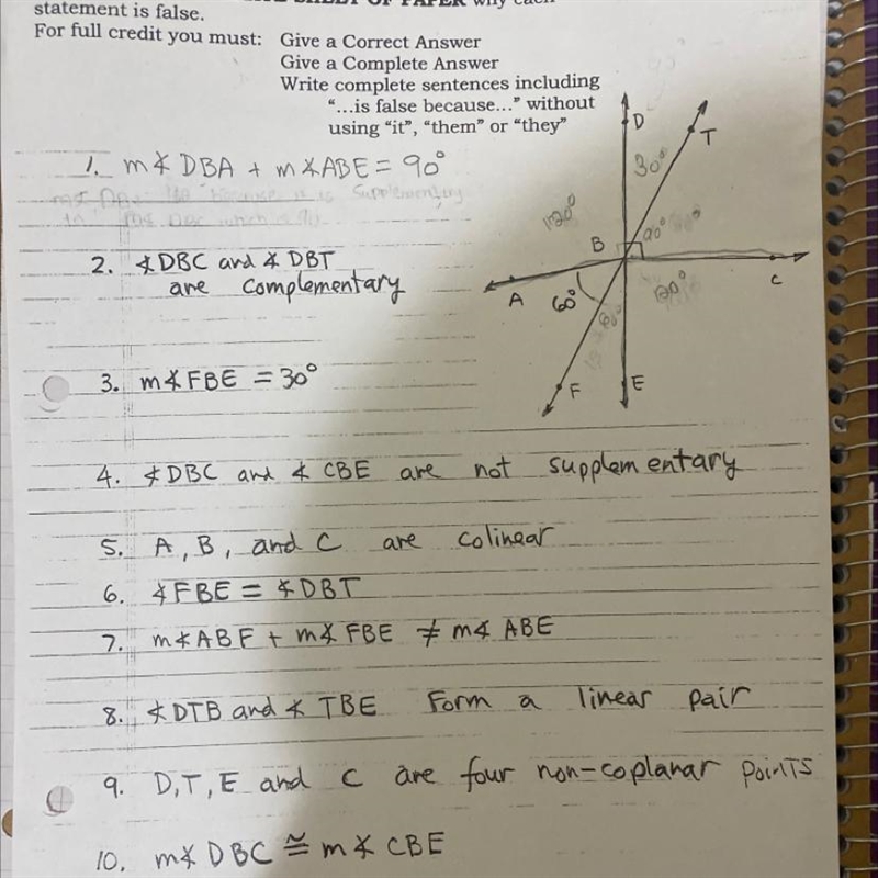 Refer to the diagram. You must write out in complete sentences why each statement-example-1