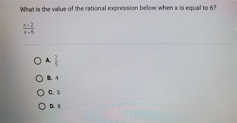 What is the value of the rational expression below when x is equal to 6? x-2/x-5*PHOTO-example-1