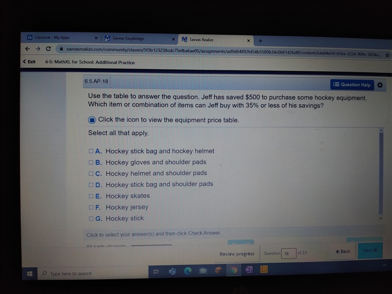 Use the table to answer the question. Jeff has saved $500 to purchase some hockey-example-1