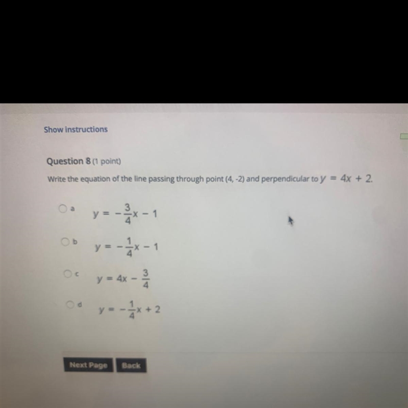 Write the equation of the line passing through point (4, -2) and perpendicular to-example-1