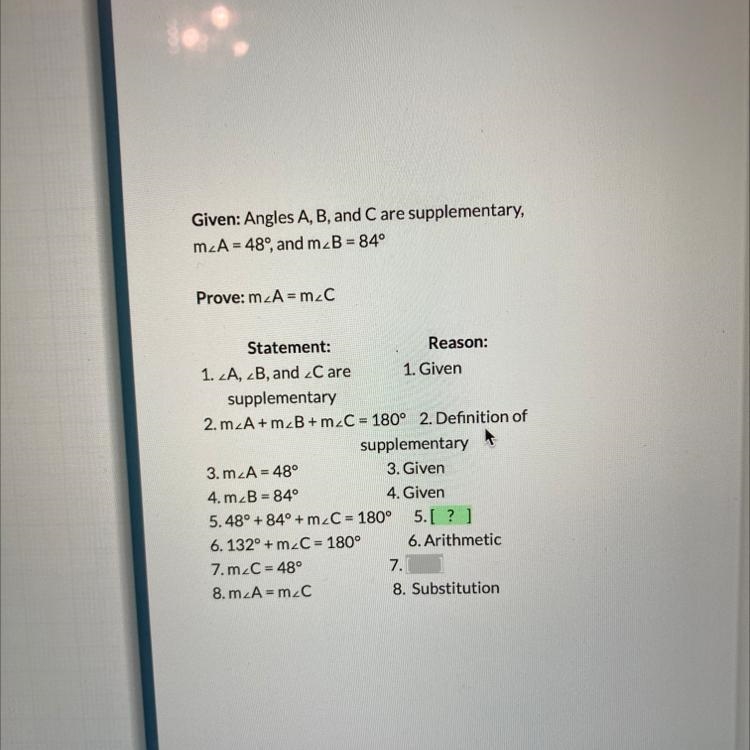 Select the reason that best supports statement 5 in the given proof. (See Image) A-example-1