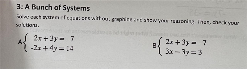 .^{2Solve each system of equations without graphing and show your reasoning, Then-example-1