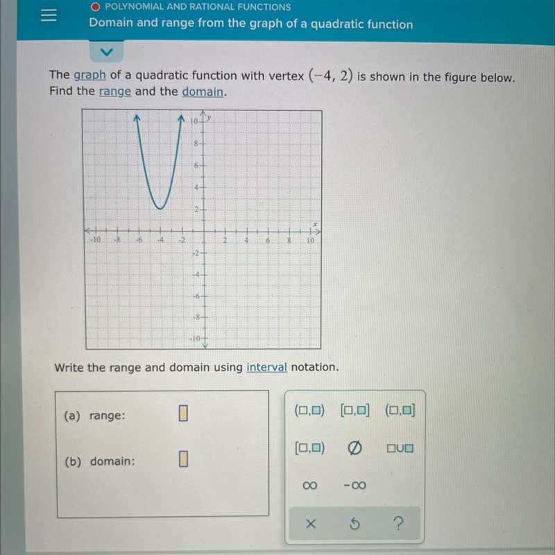 O POLYNOMIAL AND RATIONAL FUNCTIONSDomain and range from the graph of a quadratic-example-1