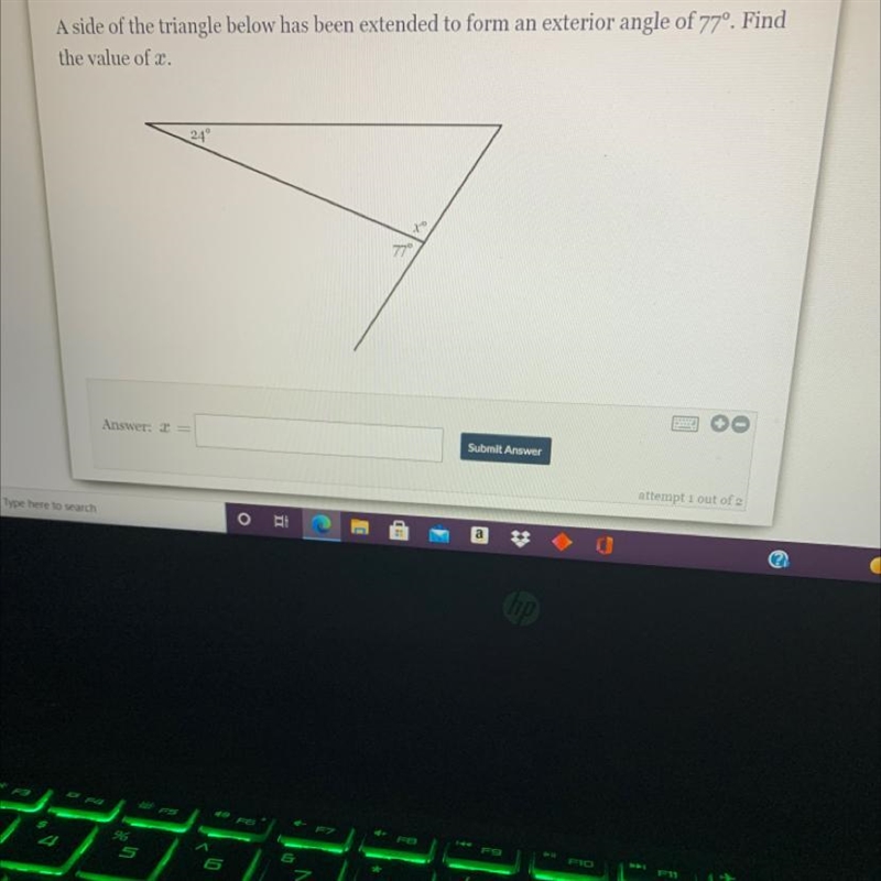 A side of the triangle below has been extended to form an exterior angle of 77º. Findthe-example-1