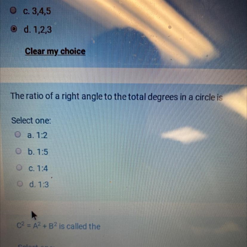 The ratio of a right angle to the total degrees in a circle is?-example-1