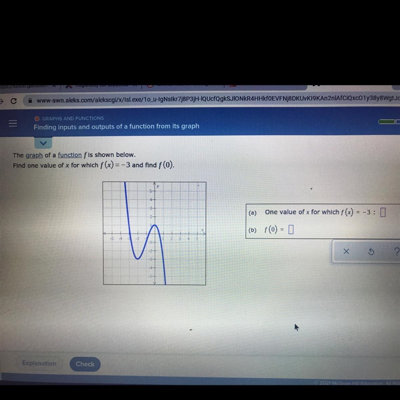 The graph of a function is shown below.Find one value of x for which f(x) = -3 and-example-1