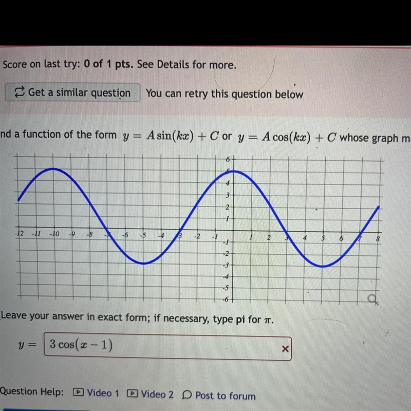 Find a function of the form y = A; A * sin(kx) + C or y = A * cos(kx) + C whose graph-example-1