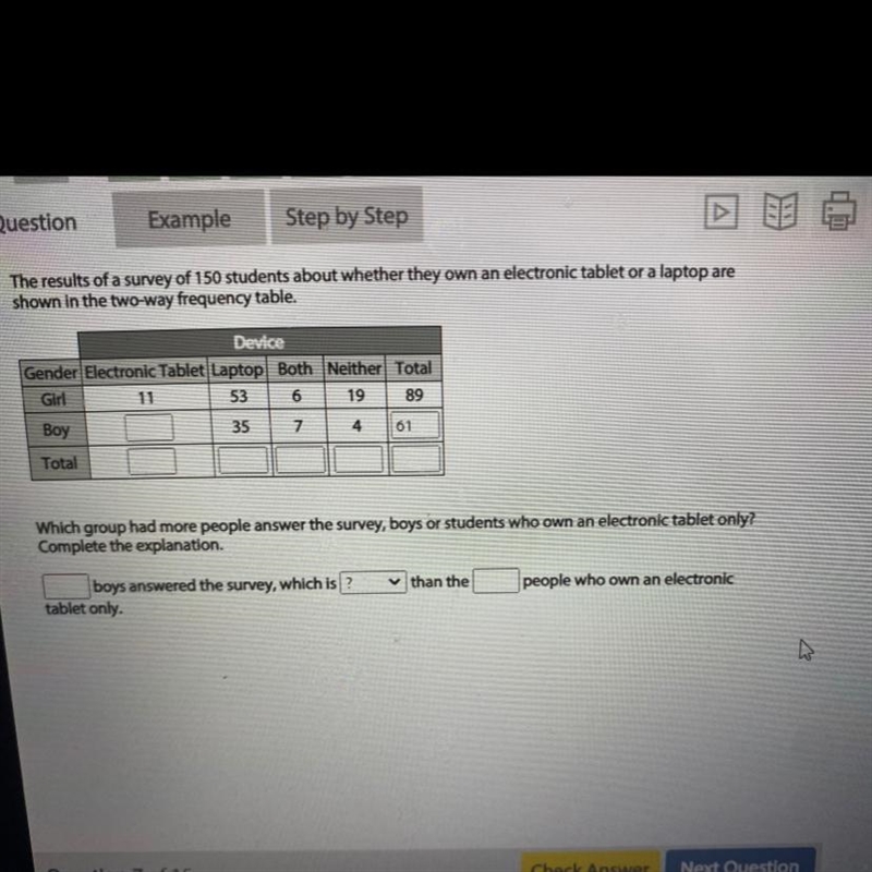 The results of a survey of 150 students about whether they own an electronic tablet-example-1