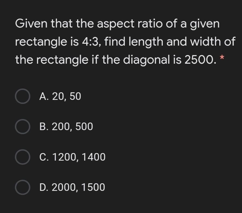 Given that the aspect ratio of a given rectangle is 4:3, find length and width of-example-1